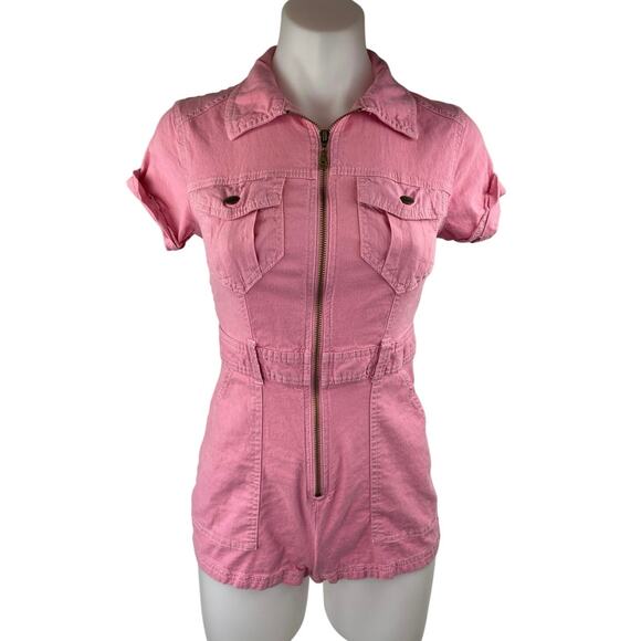 Urban Outfitters BDG Axel Pink Linen Short Sleeve Zip Up Coverall Romper Size S - Picture 1 of 3